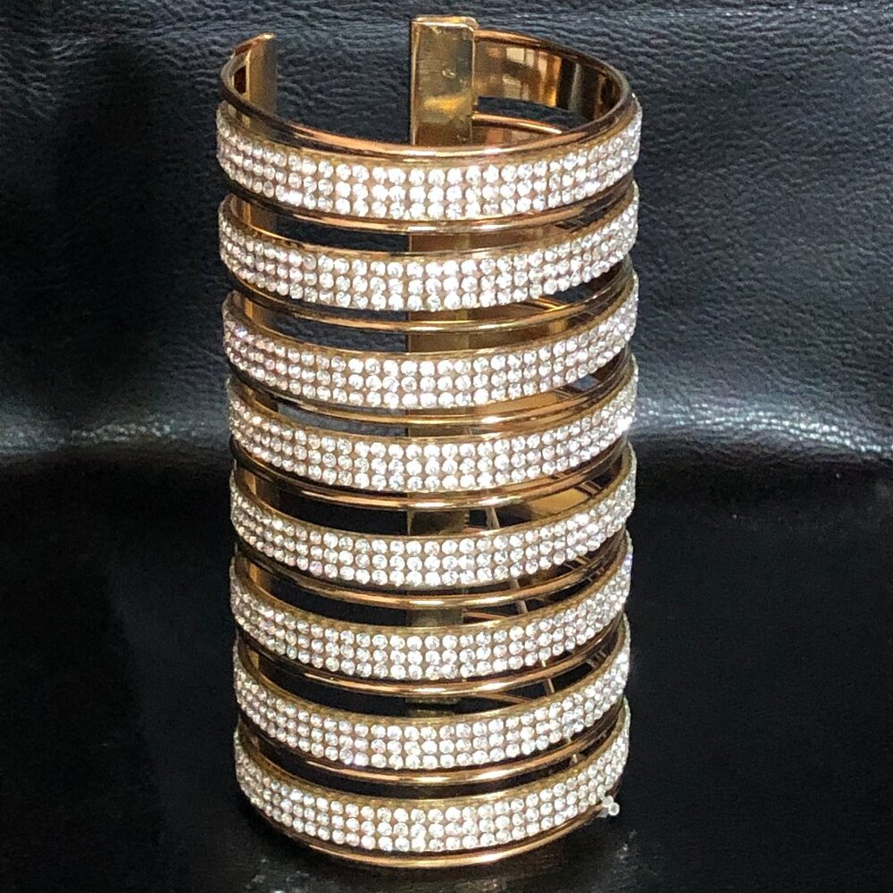 Gold Crystal Rhinestone Statement Bracelet Arm Cuff COSPLAY Nightclub 4.5" Long